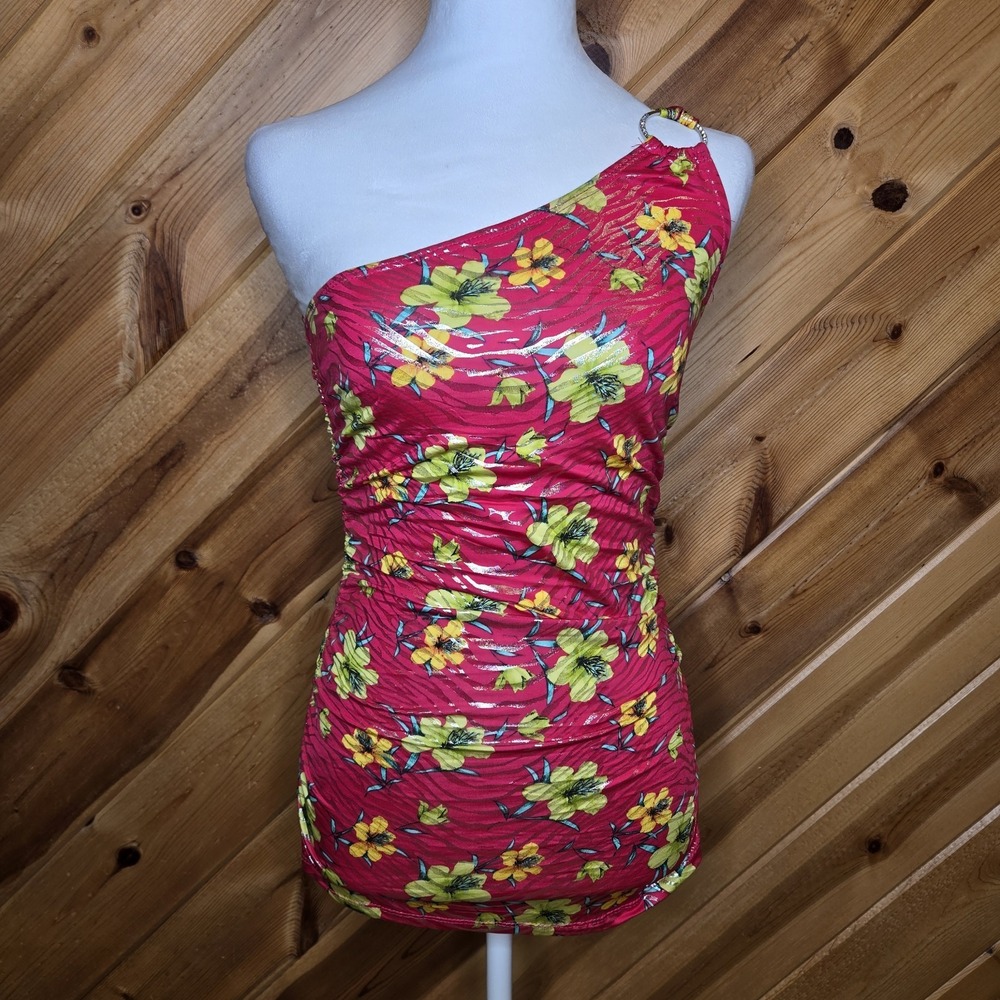 NWT Y2K Deb One Shoulder‎ Bodycon Mini Dress Size Small Red Floral Shiny Bratz